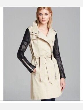Mackage Avra Beige Trench Coat with Black Lamb Leather Sleeves - Women's Jacket